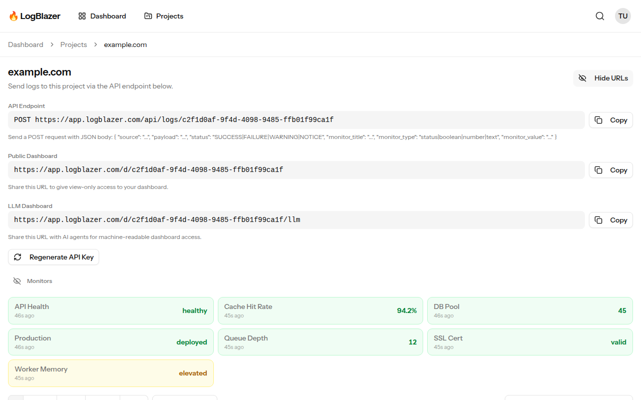 API endpoint, public dashboard URL, and LLM dashboard URL configuration