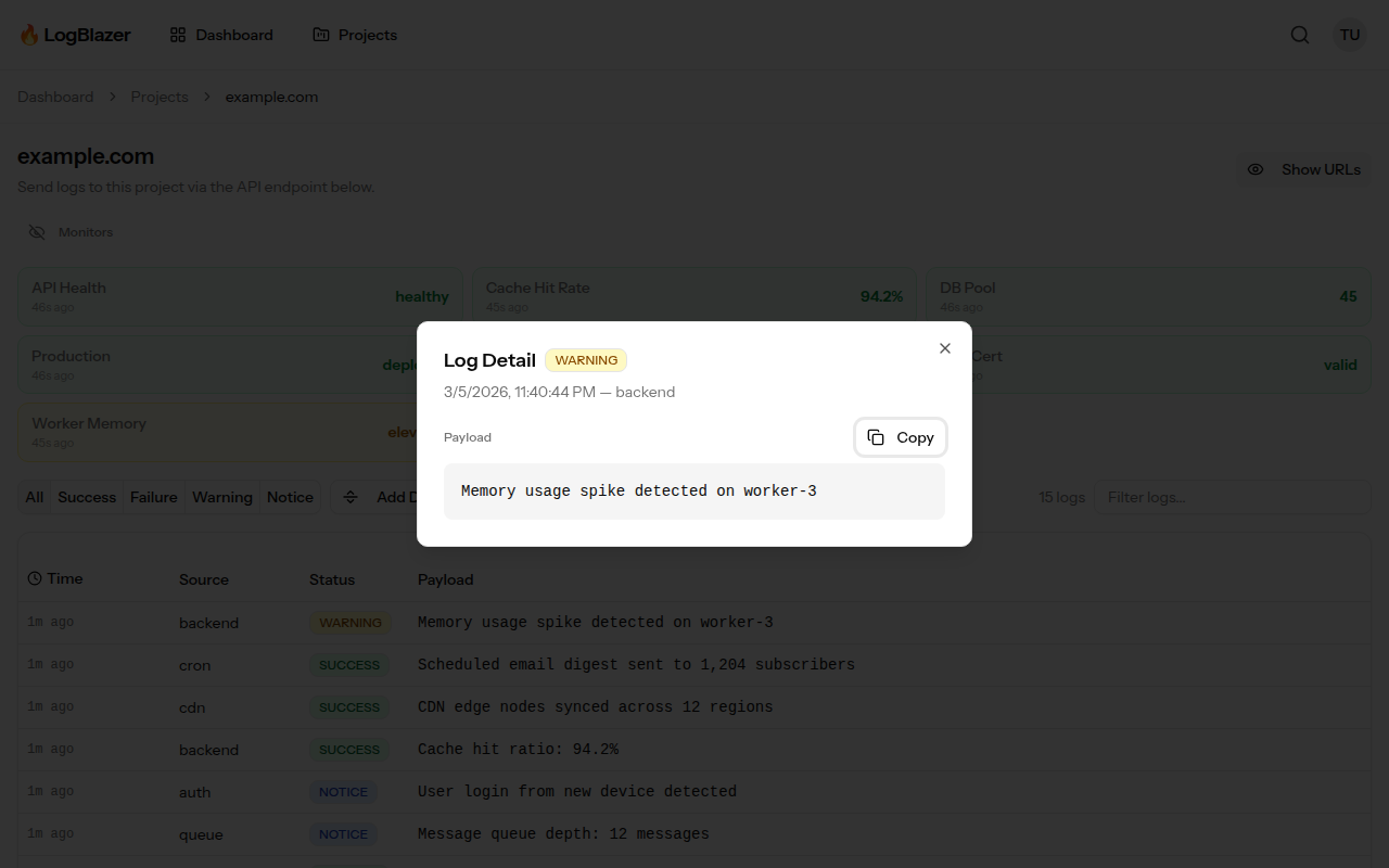 Expanded log entry showing the full payload, source, status level and timestamp
