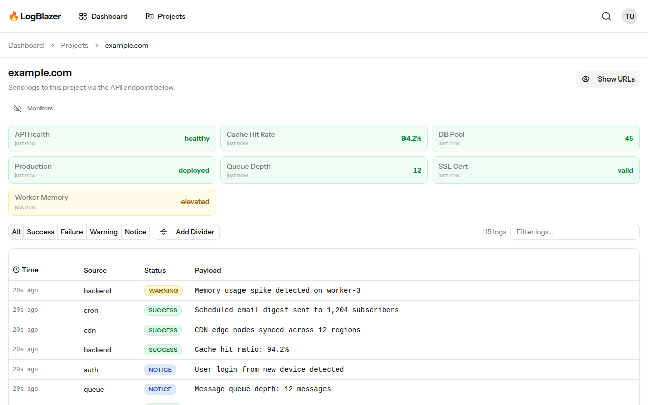 LogBlazer project view showing monitor cards and a real-time log table