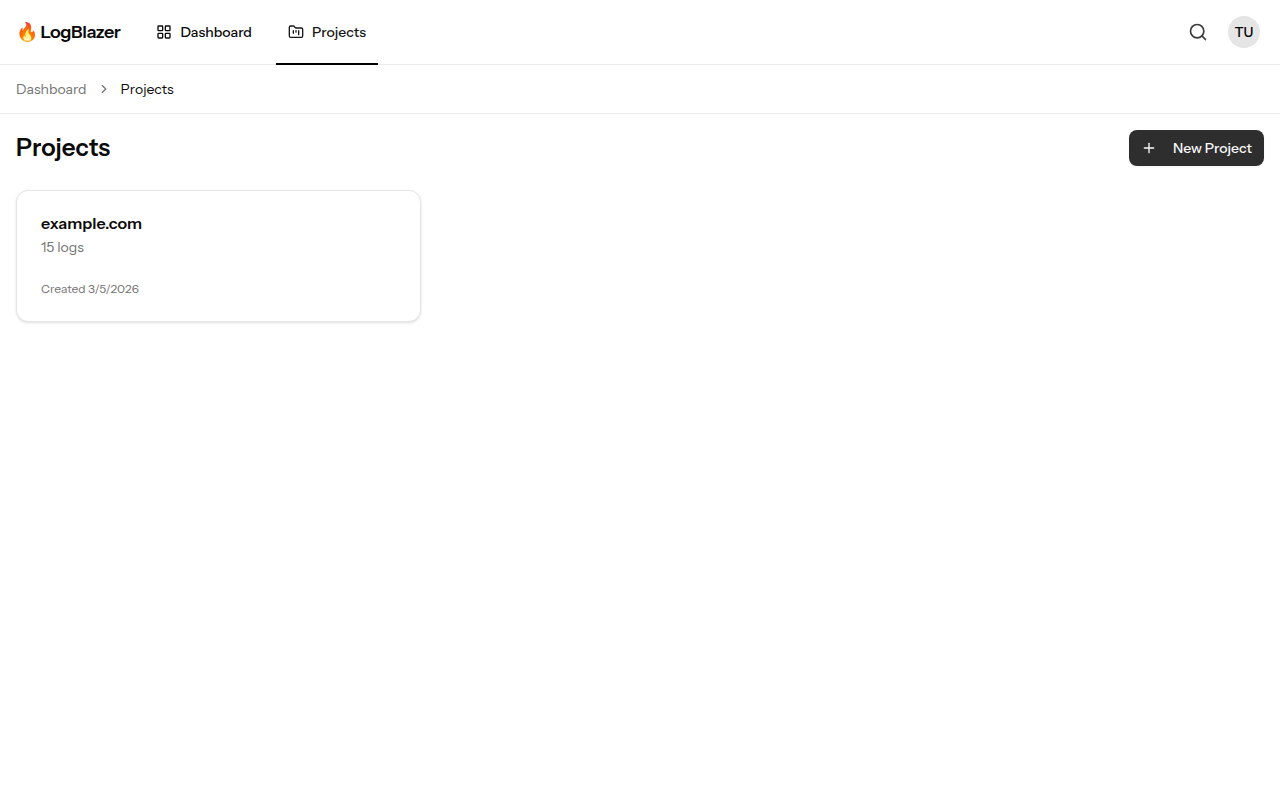 LogBlazer project list showing each project with its current status