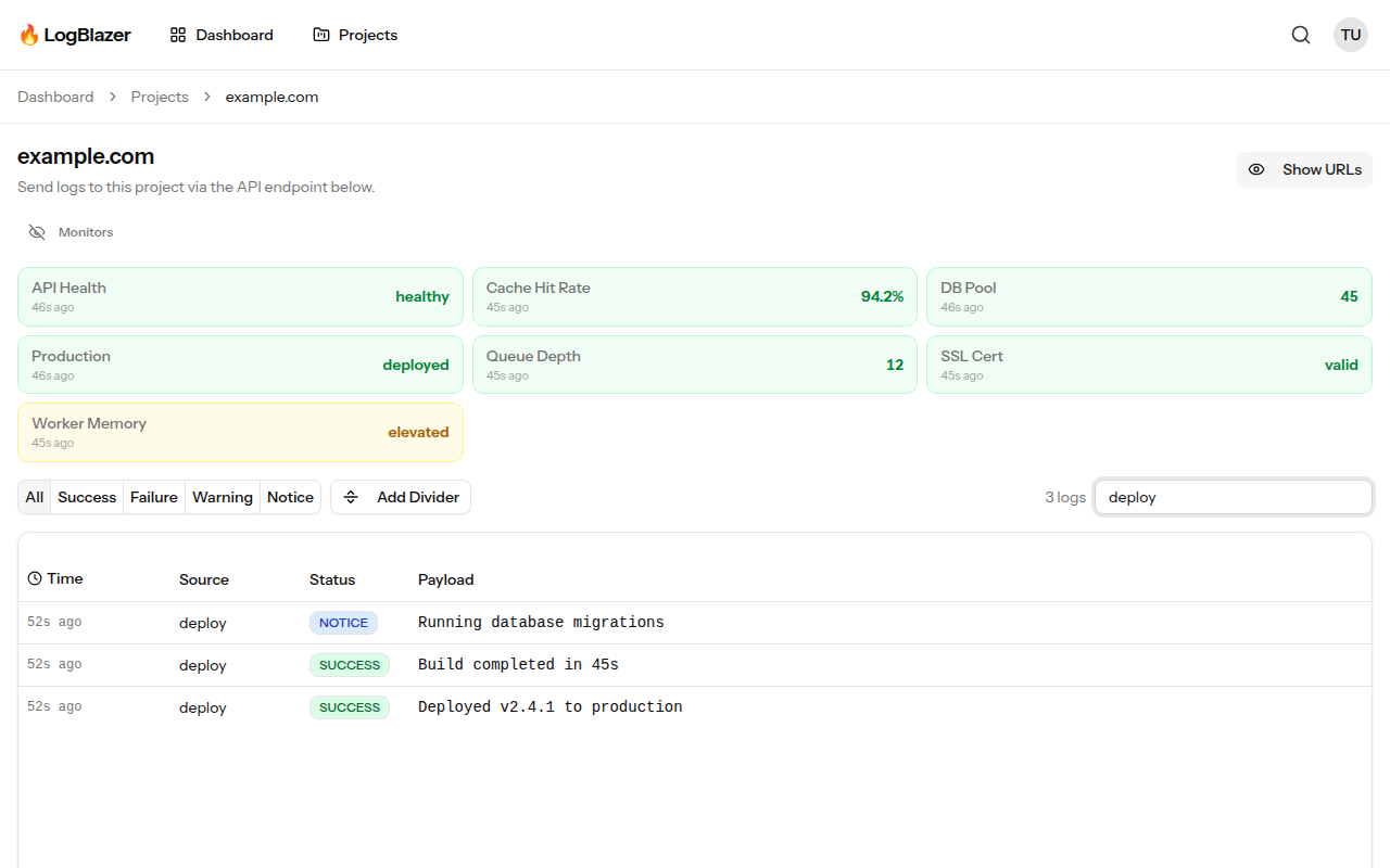 Log search and filtering interface with results filtered by deploy keyword